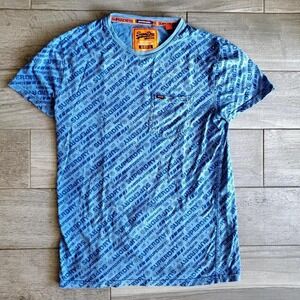 SuperDry Size Small Blue AOP All Over Print Logo T-Shirt‎